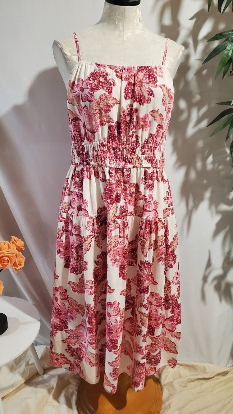 Old Navy Cami Smocked Tiered Floral Linen Blend Maxi Dress Size L Pockets Summer